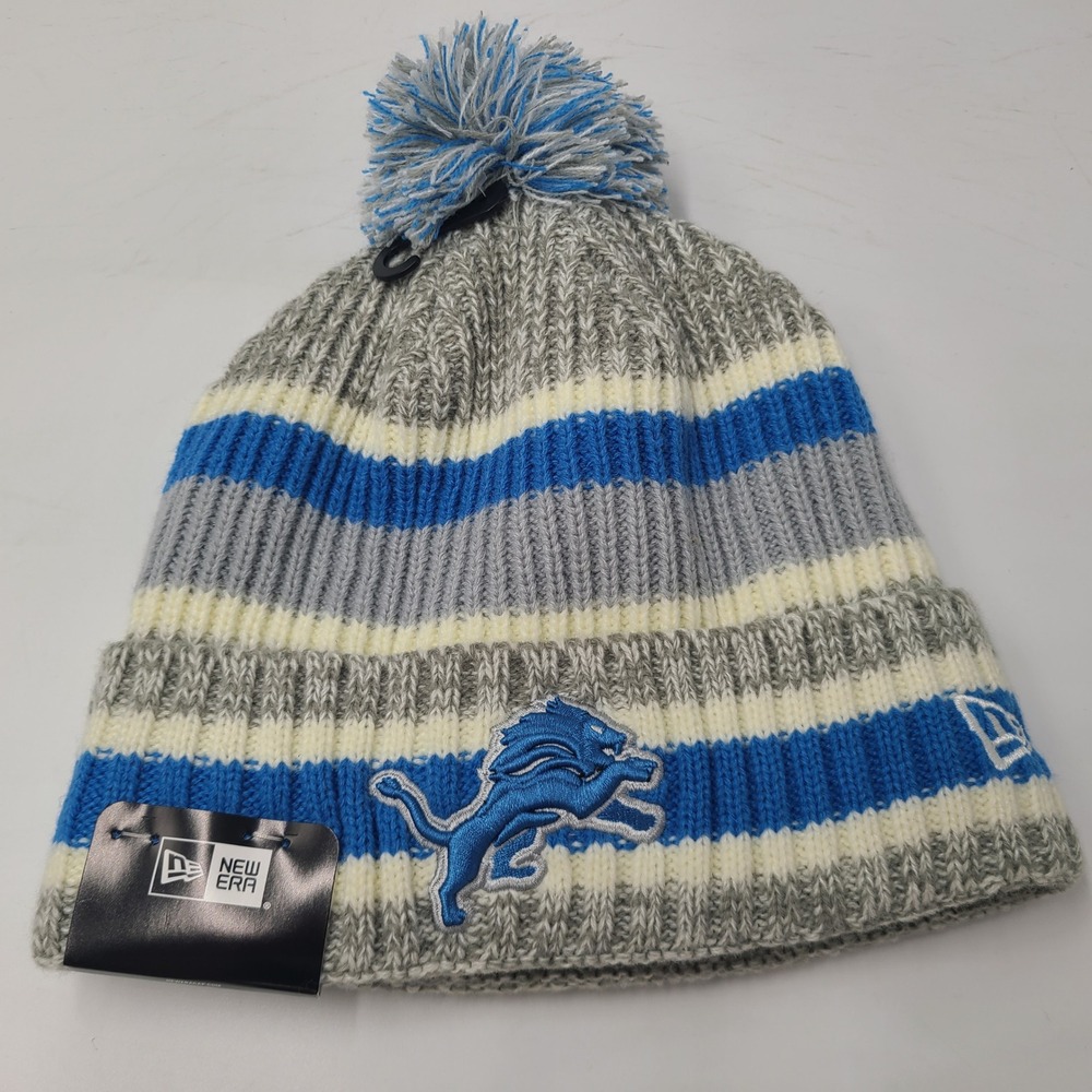 Detroit Lions Hat Beanie New Era Gray Blue Cream NFL Cuffed Pom Stocking Cap Men